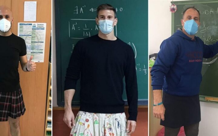 Испанцы-учителя пришли на работу в юбках, протестуя против исключения ученика из школы