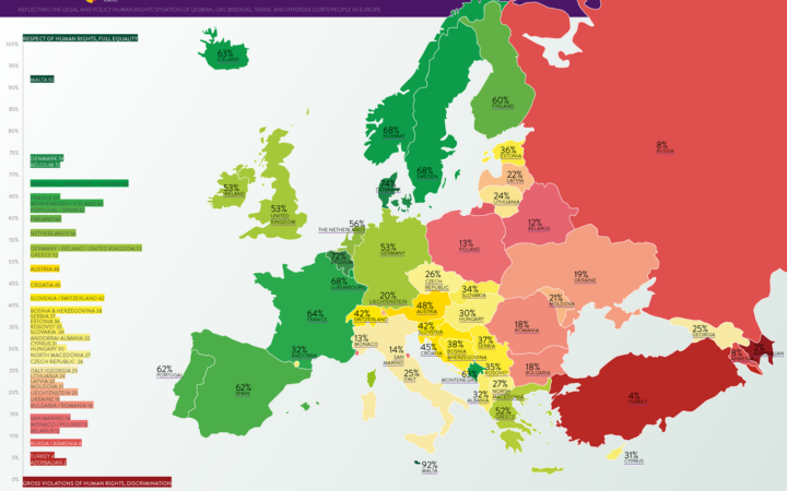 Україна посідає 39 місце посеред 49 країн Європи в цьогорічному Веселковому індексу ILGA-Europe